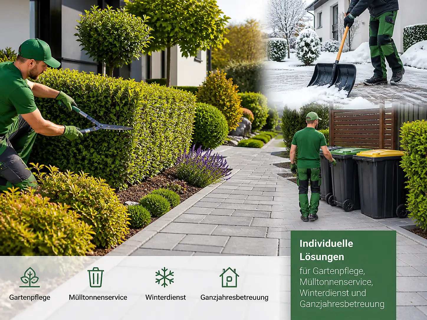Individuelle Lösungen für Gartenpflege, Mülltonnenservice, Winterdienst und Ganzjahresbetreuung